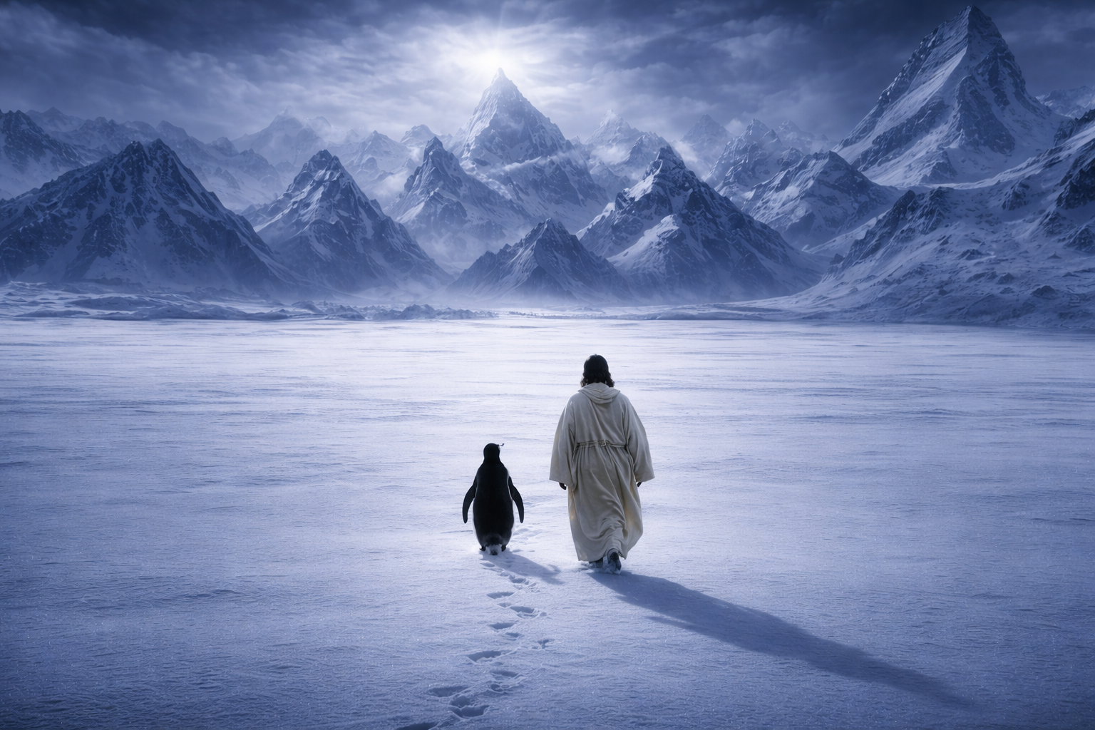 Jesus walks with the penguin